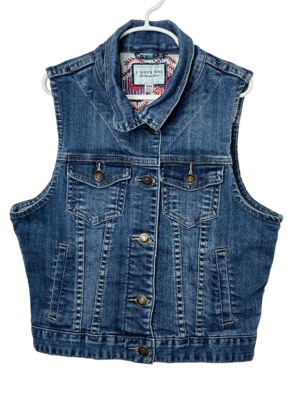 I Love H81 Girls Denim Vest Medium Blue Jean Button Front Sleeveless